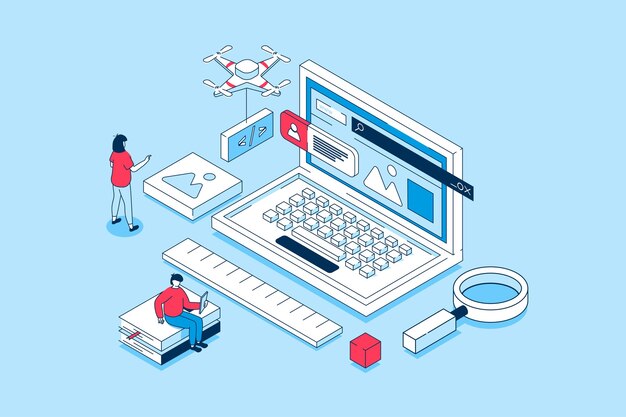 website creating concept in 3d isometric design people creating ui ux interface and homepages work with code prototyping and testing scripts vector illustration with isometry scene for web graphic