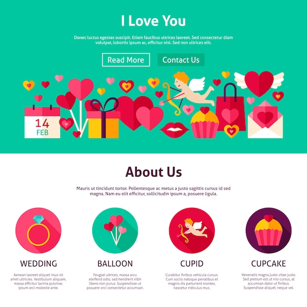 Website design i love you. flat style vector illustration for web banner and landing page. valentines day holiday.