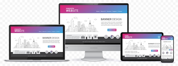 Vettore progettazione del sito web con computer desktop, tablet pc e illustrazione vettoriale dello schermo del cellulare