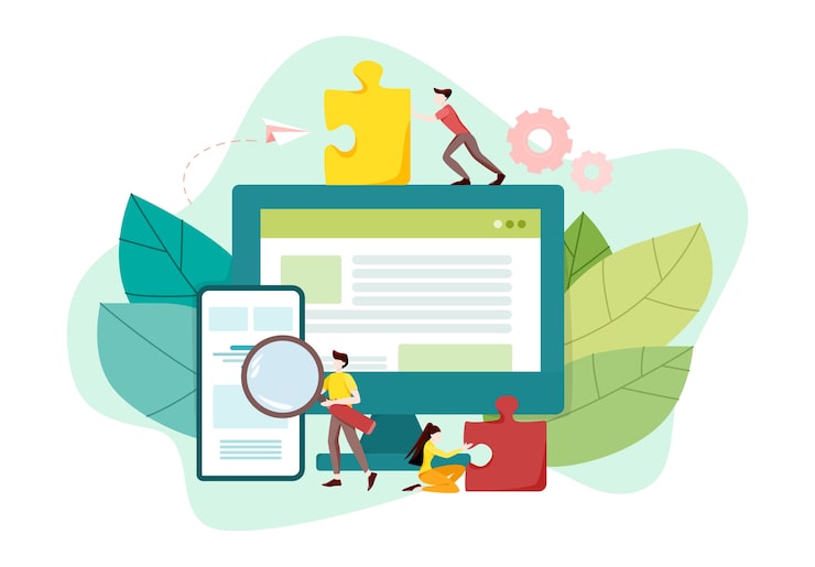 Vector website development concept. web page programming and making responsive interface on computer. mobile and computer interface. digital technology.  illustration 