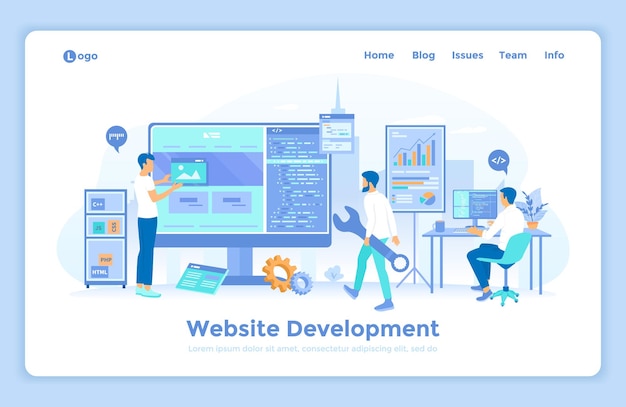 Website development programming optimization team van webontwikkelaars die werken aan het bouwen van computers