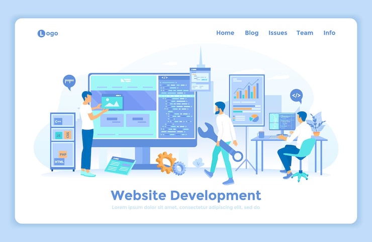 ਵੈਕਟਰ website development programming optimization team ng mga web developer na nagtatrabaho sa computer building