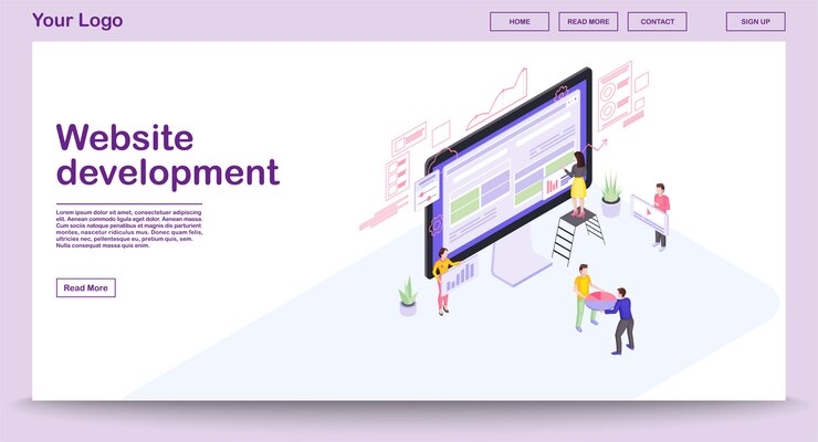 Vector website development webpage template with isometric illustration