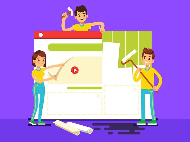 Vector website development with developers creating content. web construction vector illustration illustration