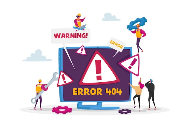 Website error 404 page with tiny male and female characters holding tools for repair