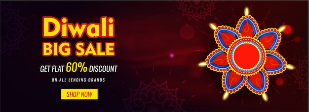 Intestazione del sito web o design di banner con lampade ad olio illuminate (diya) e offerta scontata del 60% per diwali big sale.