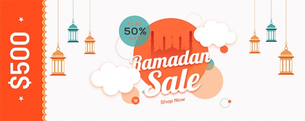 Intestazione del sito web o design di banner con moschea silhouette e 50% d