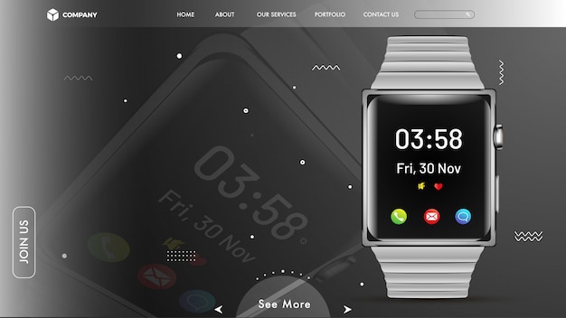 Website hero image with smart watch on grey background.