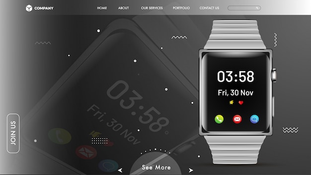 灰色の背景にスマートな腕時計とウェブサイトのヒーローイメージ。
