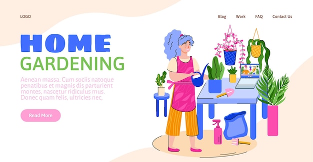 Website for home gardening with woman cares for plants flat vector illustration