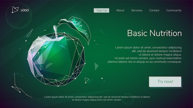 Website homepage interface template, landing web page with apple in low poly style.