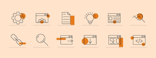 Website icon set Settings gear browser window document lightbulb webpage hyperlink search SEO coding analytics Web development SEO internet concept