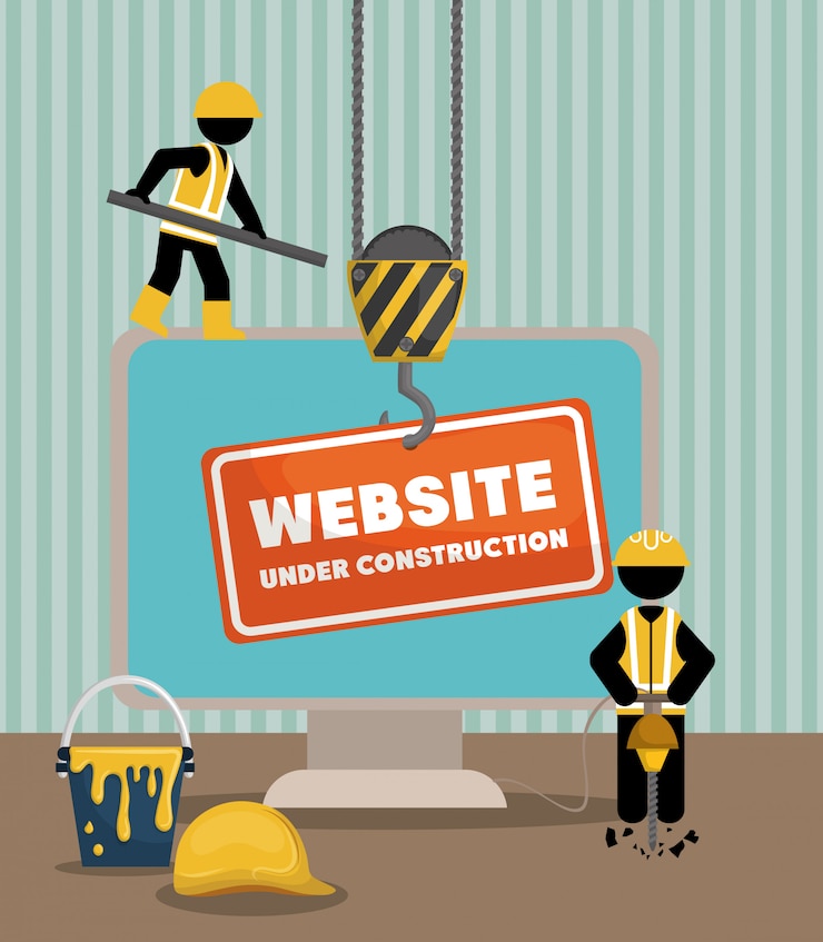 Vector website in aanbouw met desktopcomputer