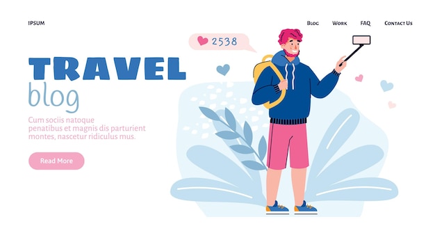 Website interface for travel blog with blogger flat cartoon vector illustration