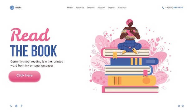 Website interface with woman reading on stack of books flat vector illustration