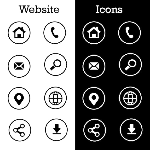 website internet white isolated icons signs on black background for design template vector set