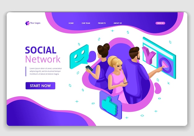 Vettore website isometric landing page concept le persone nel social network. gli adolescenti comunicano in un nuovo social network.. facile da modificare e personalizzare.