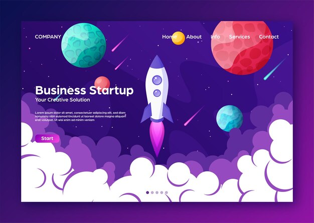 Vector website landing home page with rocket business project startup and development modern flat