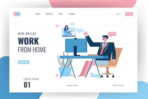 Website landing page. Businessman wearing suits and shorts having video in the home office. Home quarantine concept design. illustration