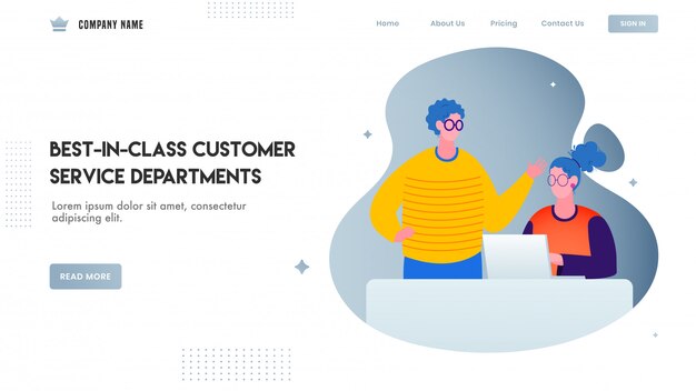 Vector website or landing page design, illustration of man talking to woman working on laptop for best in class customer service departments.