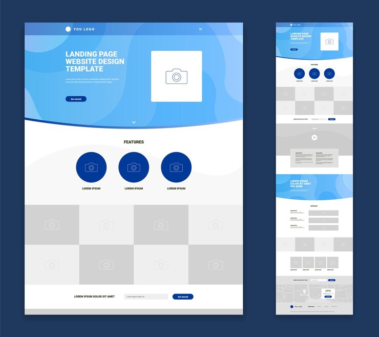 Vector website landing page flat design with logo photo features articles video contact form isolated on blue