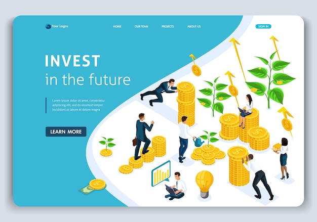 Vector website landing page isometric concept investments in the future, investors carry money to the investment group, profit growth. easy to edit and customize.