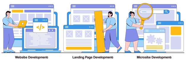 Vector website landing page and microsite development concepts with people characters webpage programming vector illustration pack front and back end design template menu bar user experience metaphor