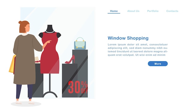 Vector website landing page template cartoon woman window shopping looking at beautiful dress gown clothing high heel bag