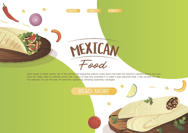 Шаблон целевой страницы сайта с мексиканским блюдом буррито и тамале на деревянном подносе