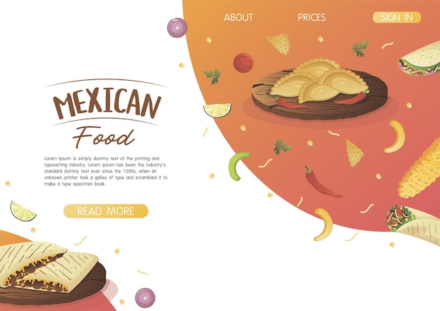 Website landing page template with mexican dish quesadilla and\
empanadas on a wooden tray fast food restaurant and street food\
snacks meat tortillas takeaway food delivery