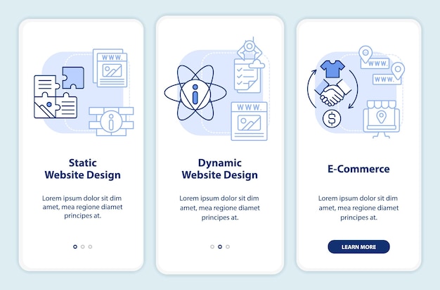 Website layout types light blue onboarding mobile app screen