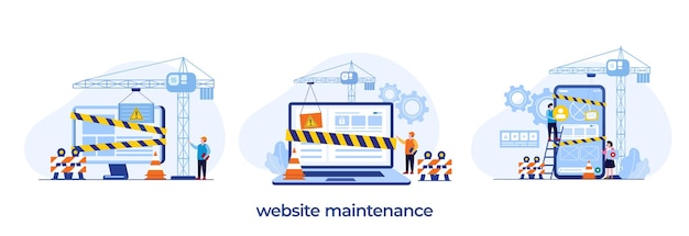 Vector website maintenance coding and programming under maintenance technology software development flat illustration vector