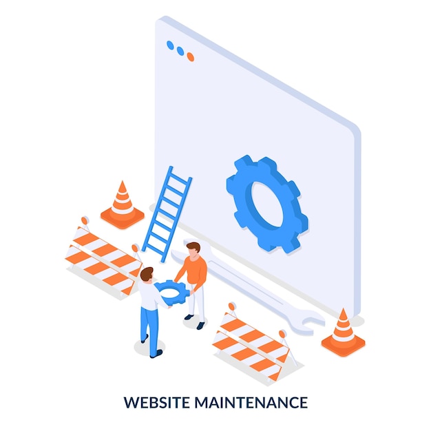 Website maintenance concept site construction isometric illustration on white background