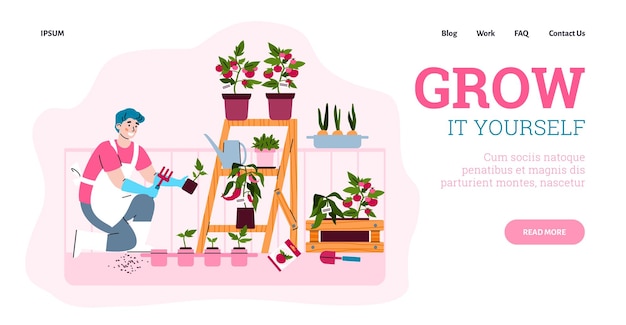 Vector website met man groeiende planten in balkon tuin cartoon vectorillustratie