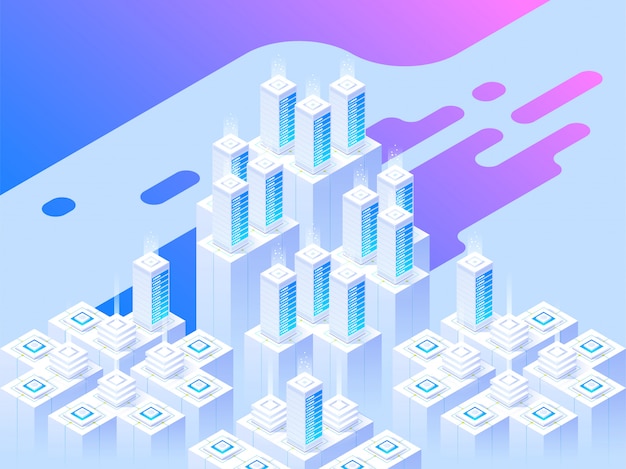 Website ontwerp. Big data center en cloudopslagtechnologie. isometrische illustratie sjabloon voor website en mobiele website-ontwerp en ontwikkeling. Creatief concept gemakkelijk te bewerken en aan te passen