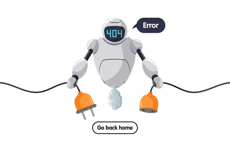 Vector website page not found wrong url address error broken robot character keeps socket off site crash on