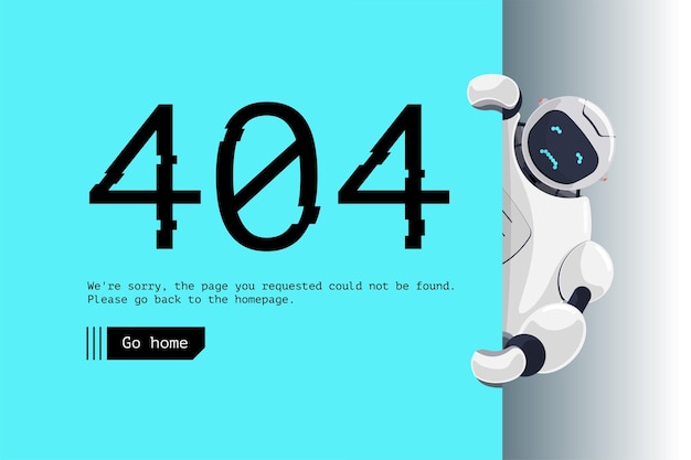 Website page not found wrong url address error sad robot character holding blue board site crash on