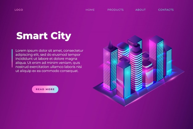 Modello di pagina del sito web con testo smart city e città di notte al neon isometrica, edifici intelligenti. blocco immagine e blocchi di testo. vettore