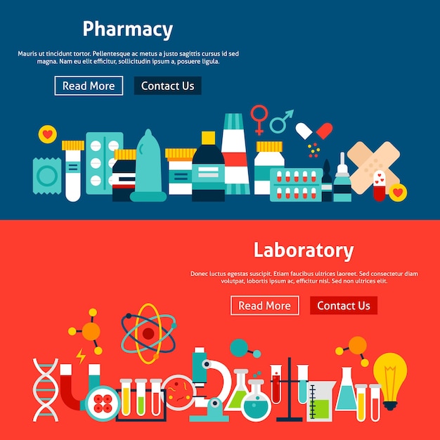 Website Pharmacy Banners. Vector Illustration for Web Header. Medicine Flat Design.