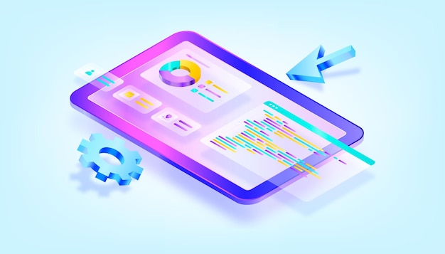 Website programming and coding. web development and coding. 3d gradient isometric illustration