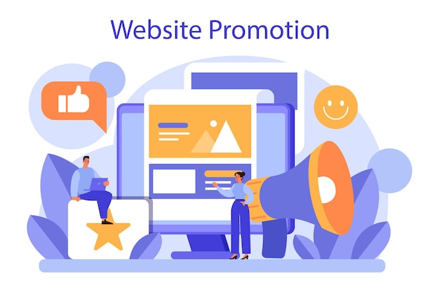 Website promotion concept Online business promotion with a commercial campaign Product digital advertising social media marketing Isolated flat vector illustration