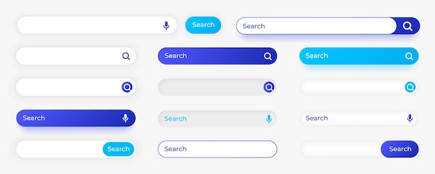 Website search button Empty input field with cursor and interface graphic elements Blank digital frame templates Magnifier and microphone UI signs Vector finding information boxes set with icons