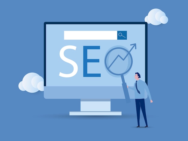 Resultato di ricerca del sito web pubblicità o marketing per aumentare il ranking web o il concetto di scoperta dell'utente seo search engine optimization uomo d'affari tiene una lente di ingrandimento su seo freccia crescente casella di ricerca