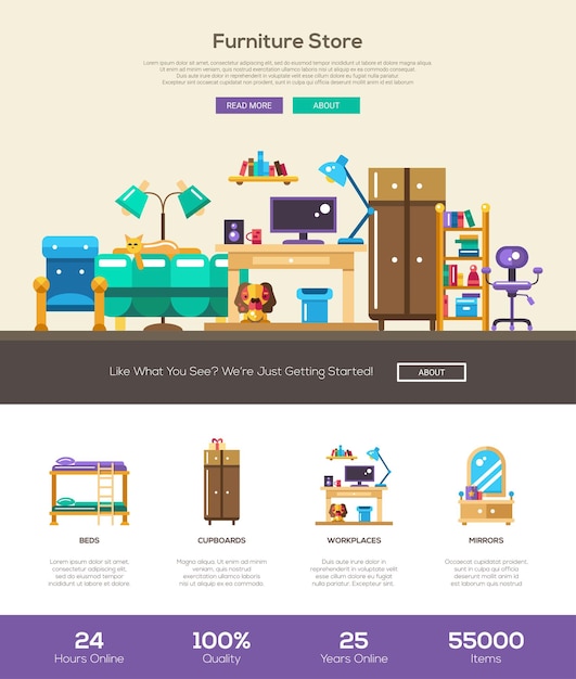 Vector website sjabloon voor huis interieur en huishoudelijk meubilair online winkel