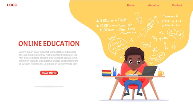 Website sjabloon voor online onderwijs. e-learning concept. afro-amerikaanse zwarte jongensstudies met laptop.