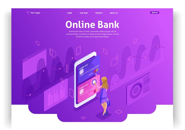 Vector website sjabloonontwerp. isometrisch concept dat werkt met bankrekeningen online. online bank. kredietkaarten. makkelijk te bewerken en aan te passen landingspagina.