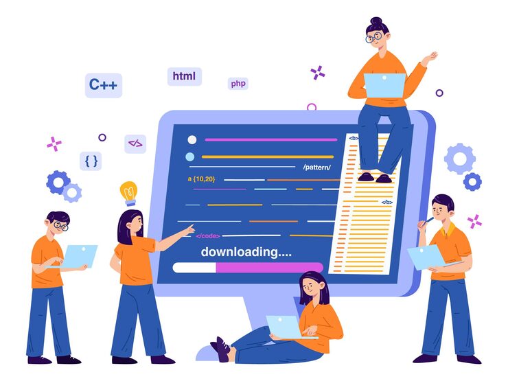 Vector website software developing app programmers team concept code engeneers programming on computer vector illustration programmers and software developers software programmer development