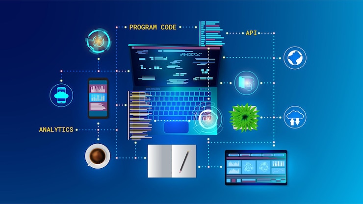 Vector website software web app api technology program code digital mobile and laptop connection application computer platform data analytic internet network vector concept background