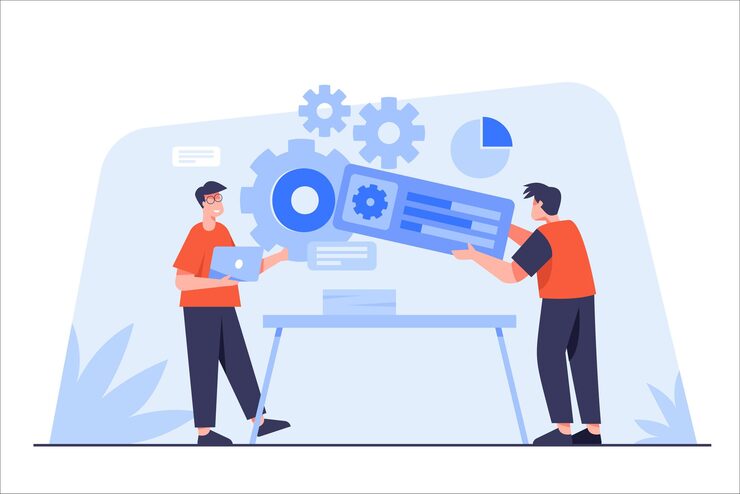 Vector 웹 사이트 팀 구축 웹 페이지 디자인 프로젝트 개발 웹 사이트에서 작업하는 사람들 다양한 작업을 수행하는 직원 팀워크 사이트 개발 사람들이 앱 및 웹 디자인을 구축하는 프로그래머 웹 페이지 코딩