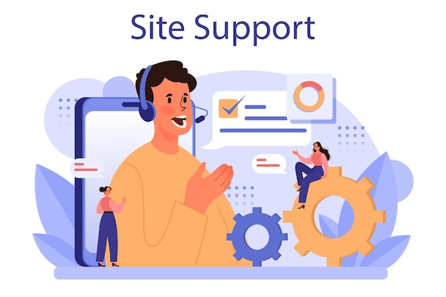 Website technical support concept idea of web page diagnostic service providing web site with updated information flat vector illustration